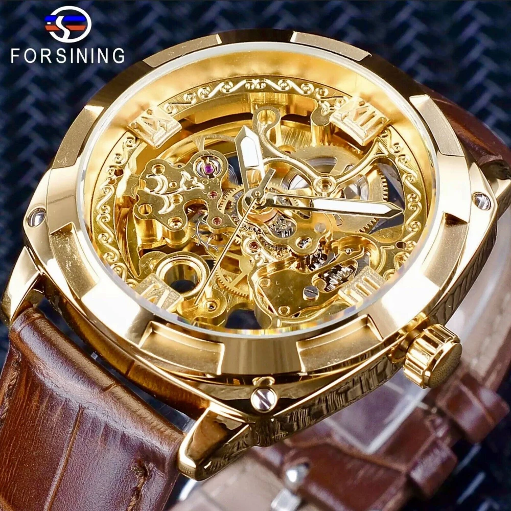 

Forsining Brand Mens Skeleton Auto Self Wind Mechanical Luxury Watch Brown Leather Band Wristwatch Nice Gift