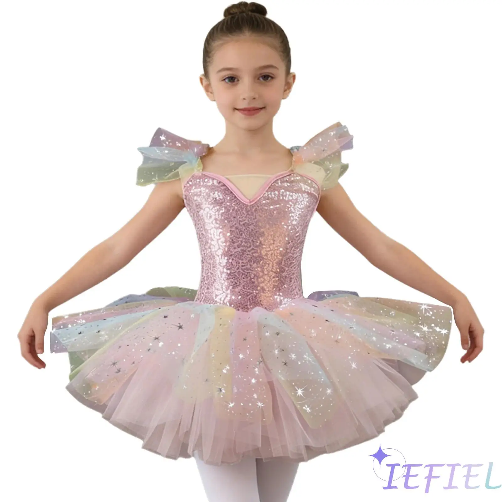 

Kids Performance Ballet Gymnastics Dance Dress Girls Ruffled Sleeves Sparkly Sequin Tulle Tutu for Figure Skating Performance