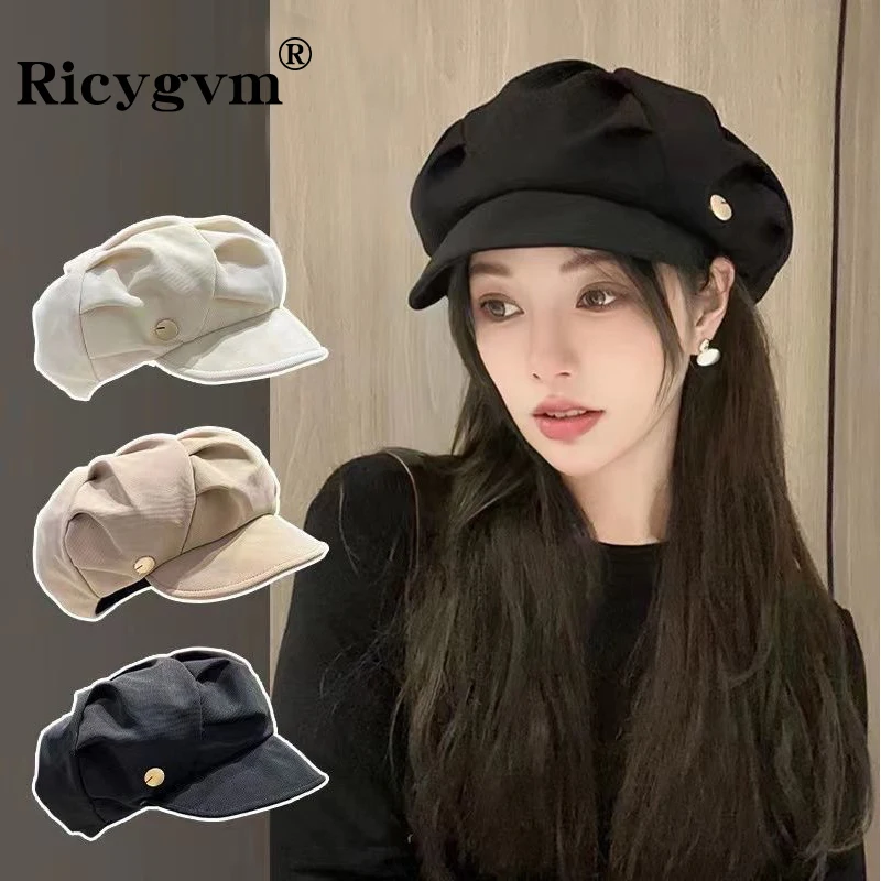 RICYGVM boinas de nube coreanas, gorra octogonal plisada a la moda, gorras con visera de Color sólido Vintage para mujer, sombrero de artista de pintor Newsboy