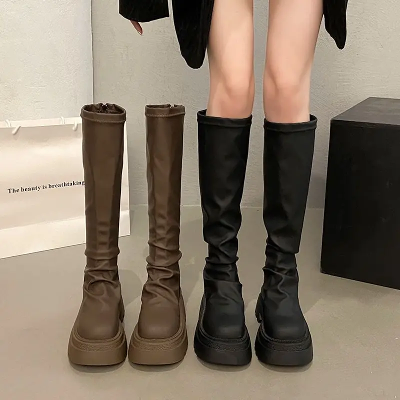 Elastic long boots for knights slim boots with new sponge cake thick sole  high top boots for women