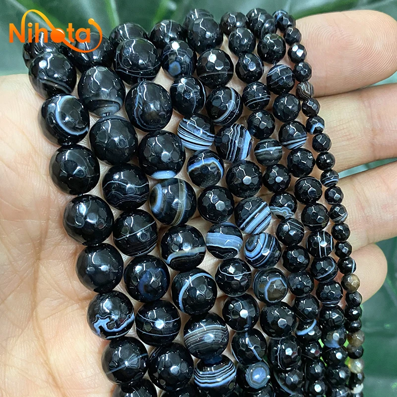 Natural Faceted Striped Black Agates Beads For Jewelry Making Onyx Round Loose Beads DIY Bracelet Earrings 15\'\' 4/6/8/10/12mm