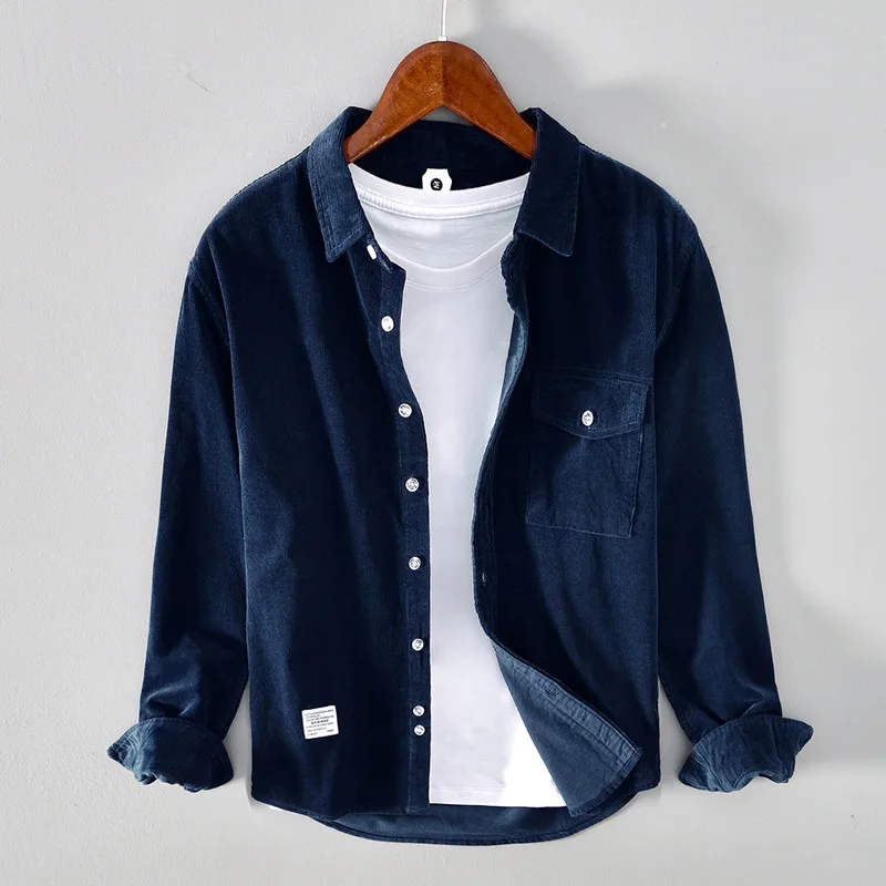 5080 outono inverno moda masculina 100% veludo de algodão camisa do vintage cor sólida bolso simples casual manga longa blusa básica