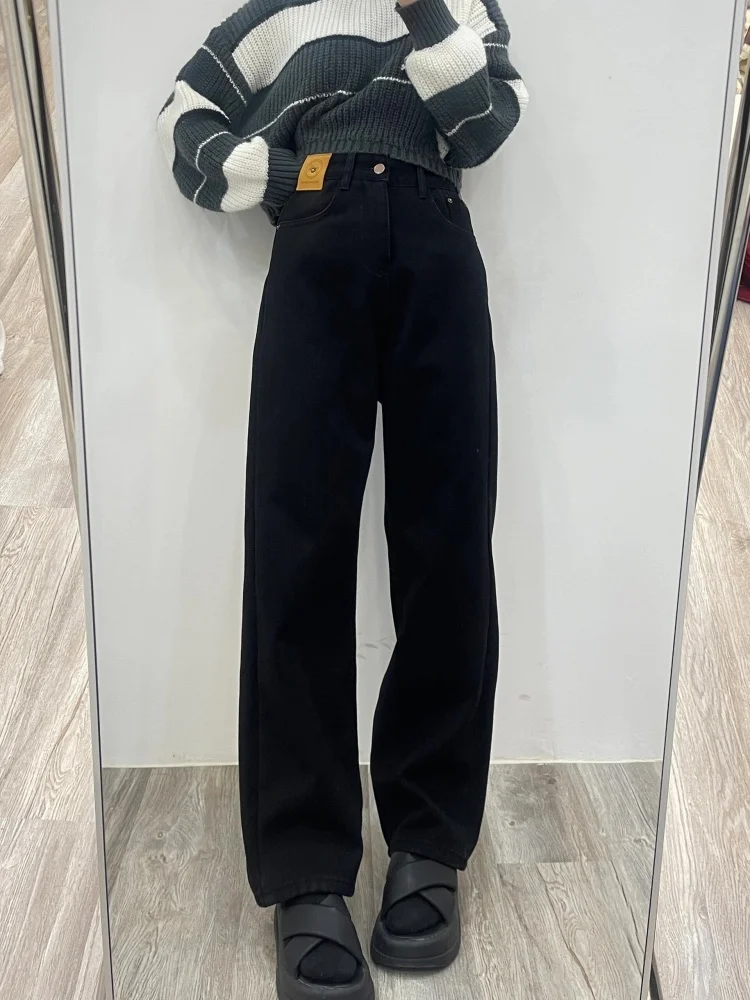 Thiened Fce المرأة الجينز الخريف الشتاء حجم كبير فضفاض مستقيم الساق بنطال ذو قصة أرجل واسعة الكمثرى القرد الجسم التخسيس بنطلون