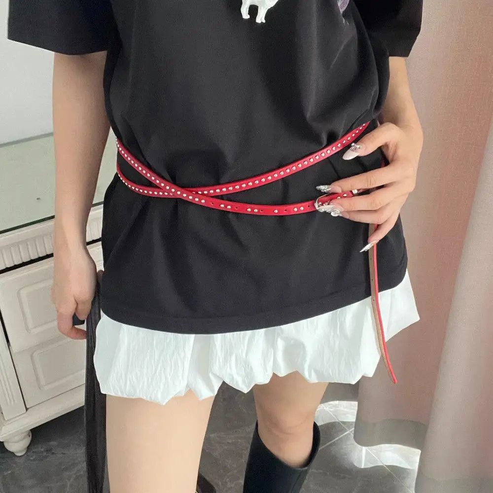 인스 패션 더블 벨트 PU 가죽 벨트 다용도 개성 스파이스 걸 액세서리 벨트 펑크 리벳 가죽 얇은 더블 벨트