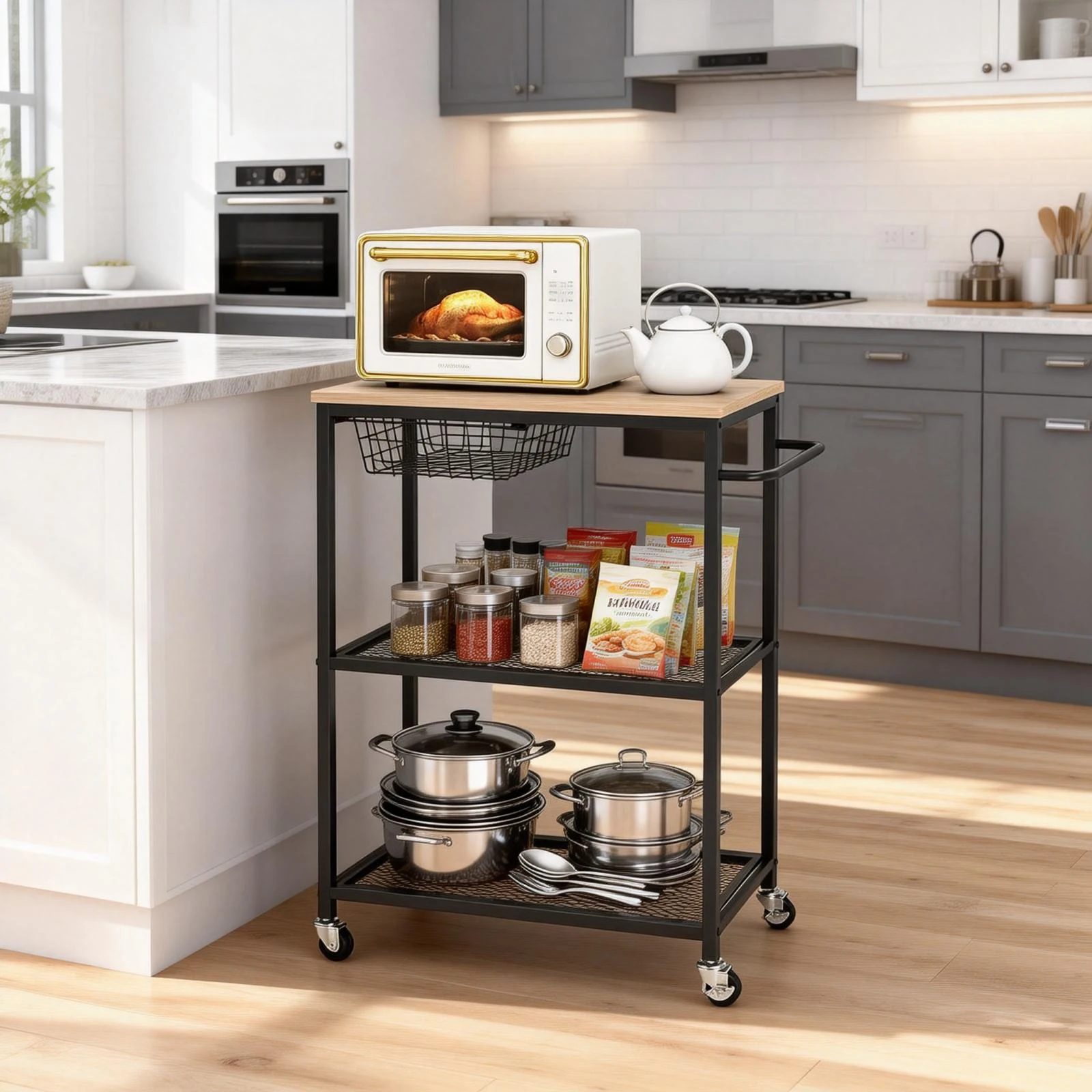 

Rolling Kitchen Carts on Wheels 3 Tier Mobile Utility Cart with Wood Tabletop Storage Cart for Island Coffee Bar Living Room