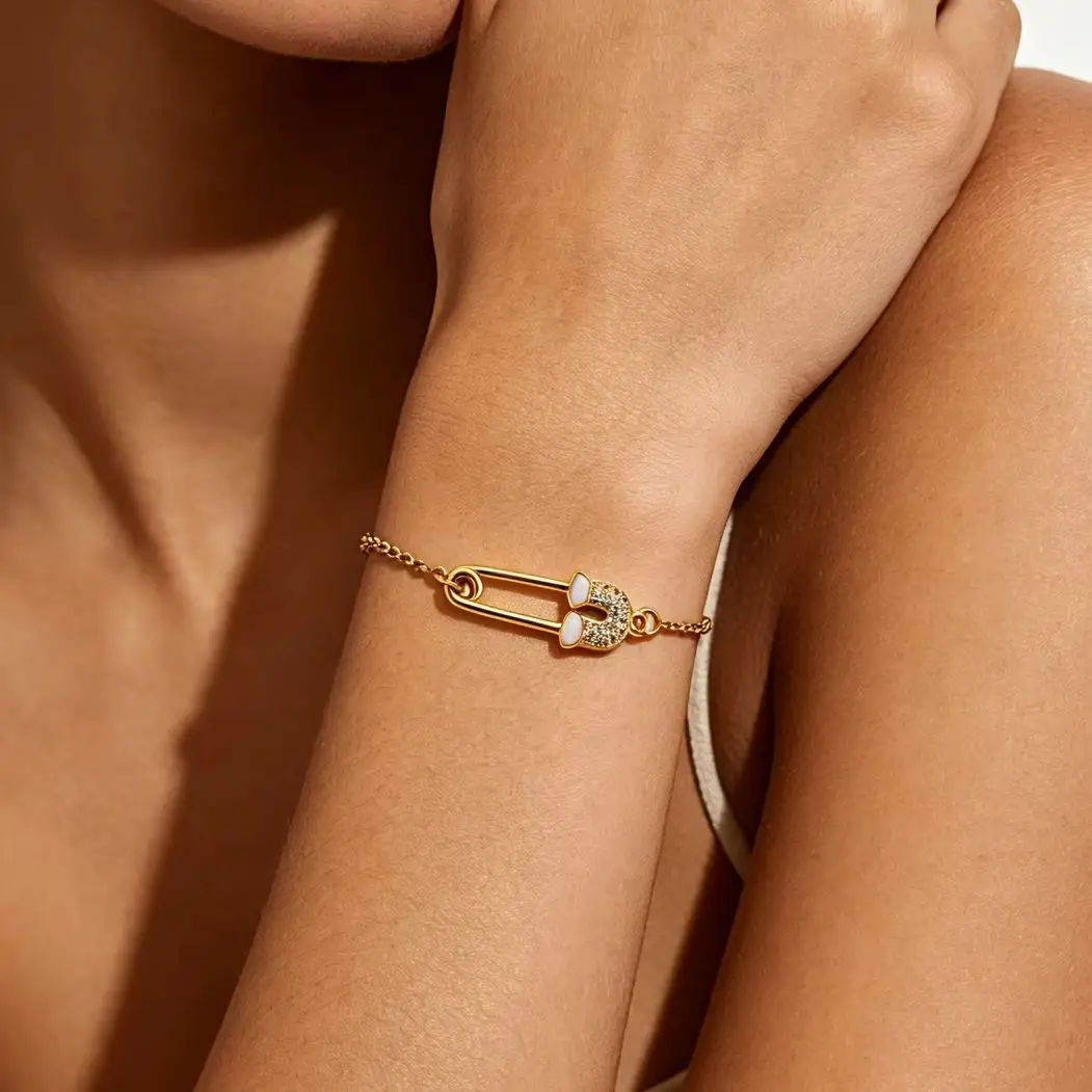 Bunte Zirkon-Öltropfen-Büroklammer-Armbänder für Damen, goldfarbenes Edelstahl-Pin-Armband, luxuriöses Hochzeitsschmuckgeschenk