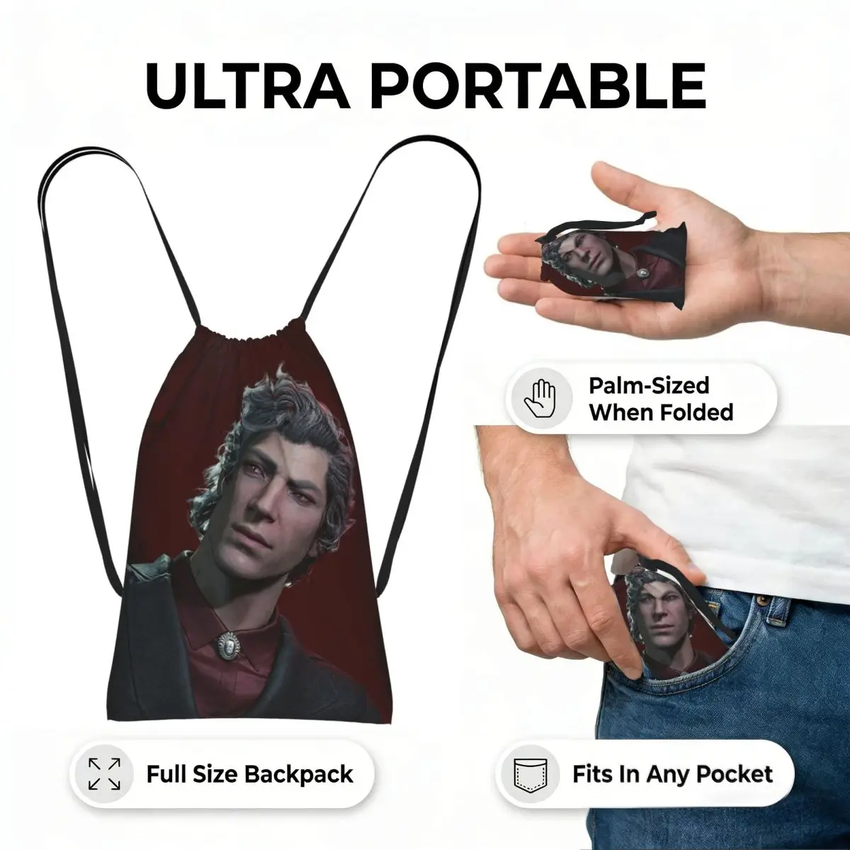 Baldur's Gate 3 Astarion Vampire Character Drawstring Backpack hiking cycling Bag Lightweight Storage Drawstring Bag Men Women