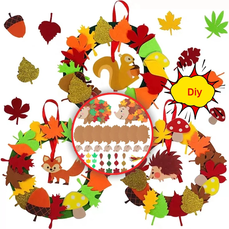 Art And Craft Autumn - 秋のクリエイティブDIYリースクラフトセット、キツネとハリネズミのフェルト動物クラフトセット、感謝祭のアート用品、ホームフェスティバルデコレーションペンダント