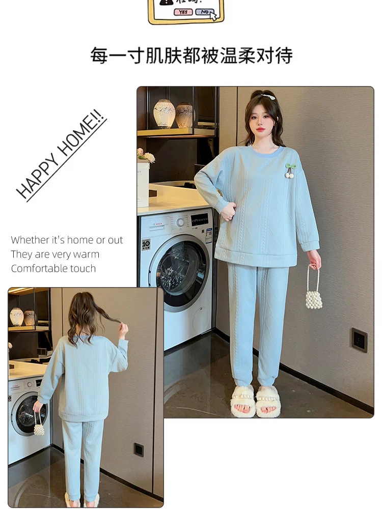 5XL Plus Size Autumn and Winter Pajamas set Women Sweet Thickened Cotton Long Sleeve Loungewear Can Be Worn Outside Home Clothes