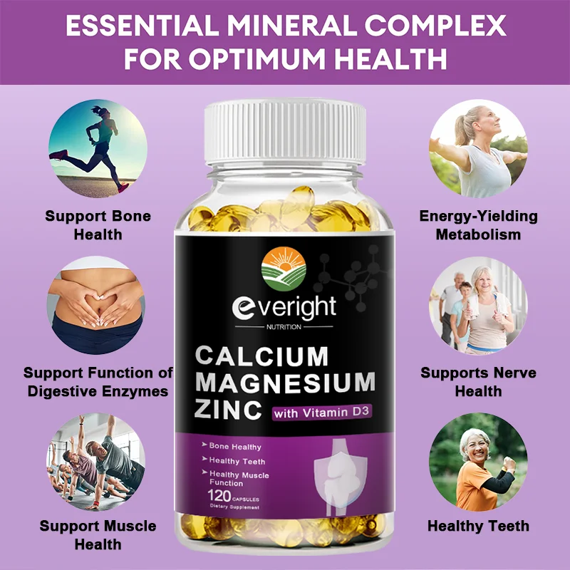 Natural Calcium Magnesium Zinc Supplement with Vitamin D3 - Gluten Free, Vegan, Non-GMO -  Essential Mineral Complex