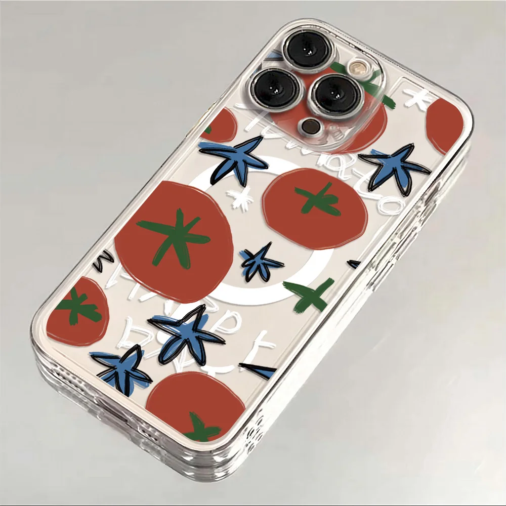 Korean Cute Cartoon Tomato  Magnetic Phone Case for Samsung Galaxy S25 S24 S23 S22 S21 S20 FE Plus Ultra 5G SoftClear TPU