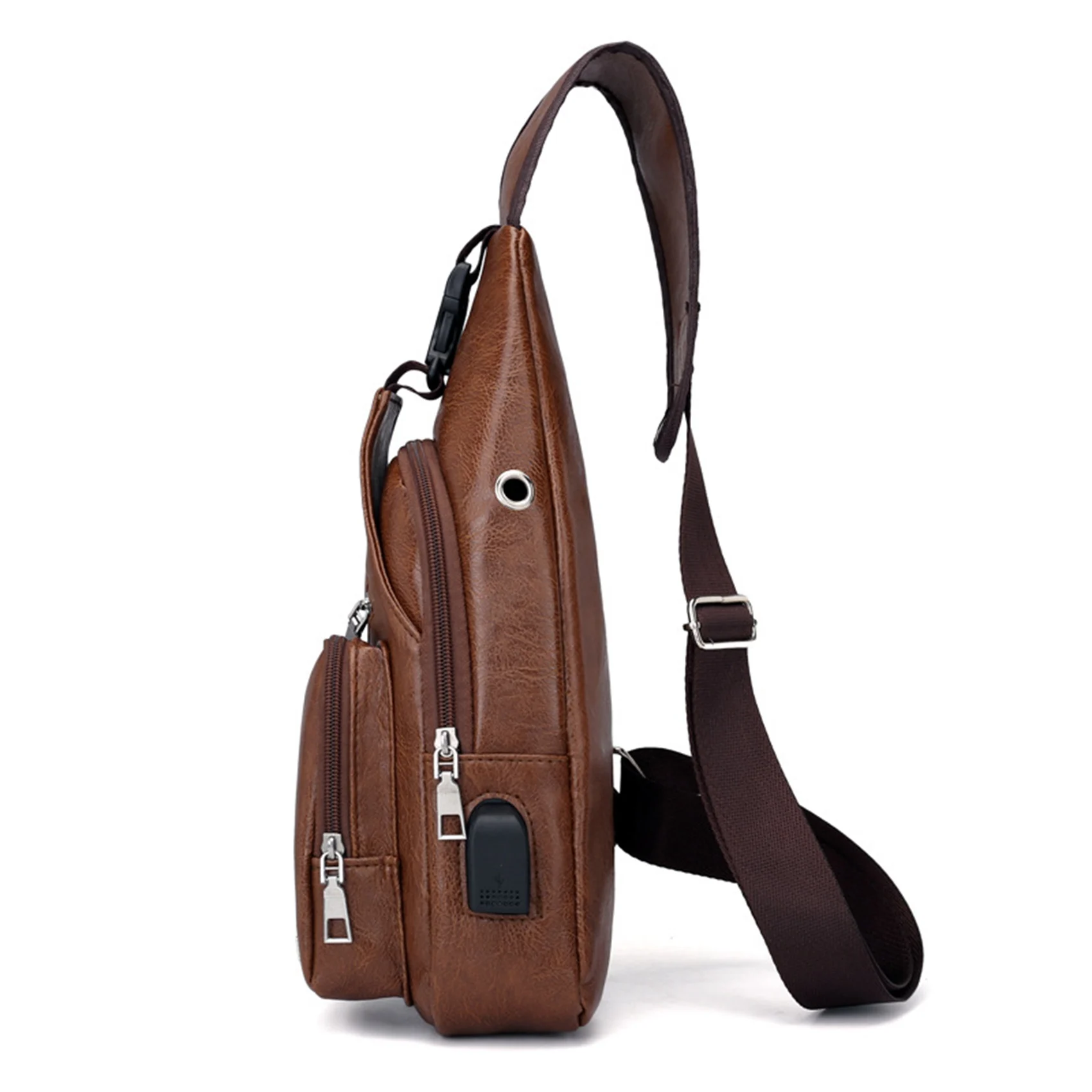 *A14E 5X Mini USB Interface Plenty of Space Mens Casual Bag Fashion Outdoor Sling Bag Travel Day Pack PU Leather Crossbody Bag view 4