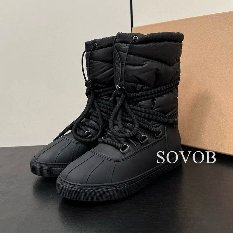 New Winter Solid Color Lace Up Flat Bottomed Short Boots Women Round Toe Retro Anti Slip Warm Snow Boots Versatile Ankle Boots