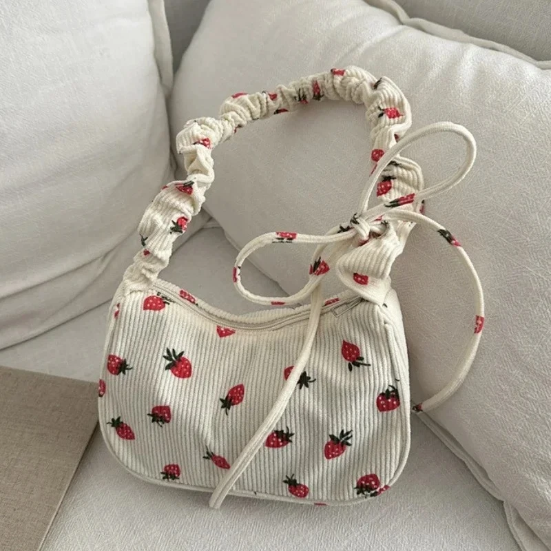 Small Underarm Bag For Women Corduroy Handbag Cute Strawberry Print Little Tote Half Moon Design Eco Cloth Mini Shoulder Bag image 4