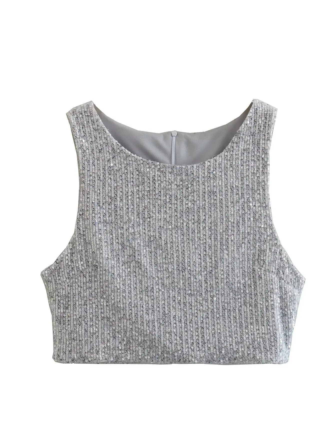 Women's Clothing Knitted Vest Cropped Chunky Wool Tank Top With Silver Sequins Stylish Little Vest With No Elasticity