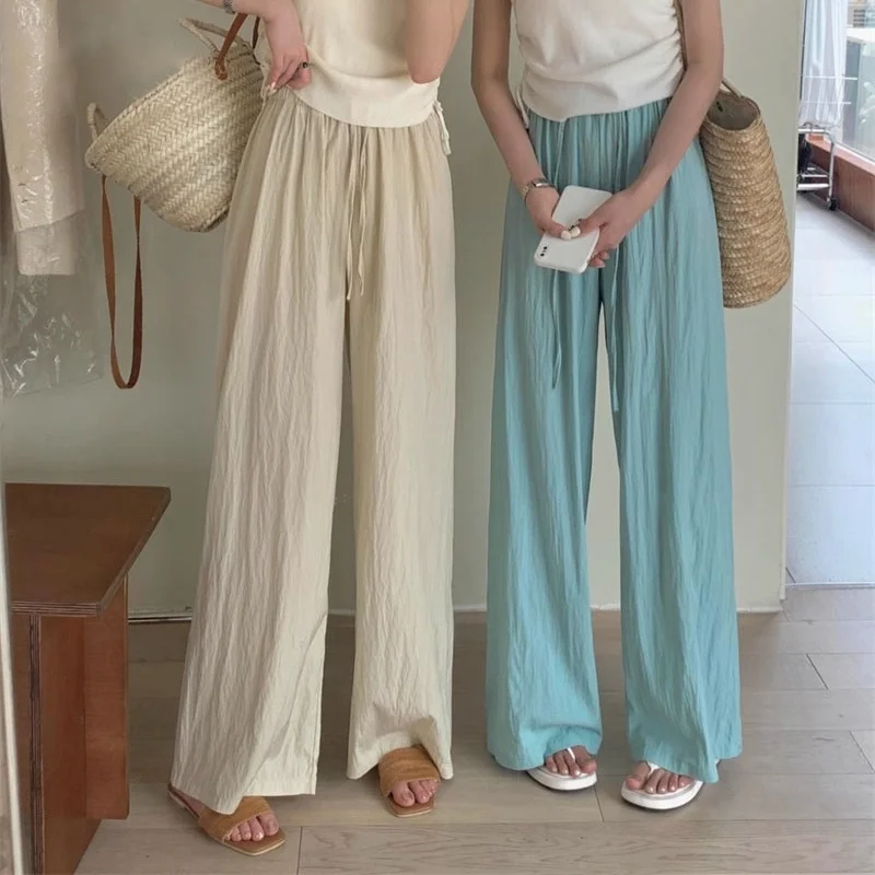 

Women Ice Silk Wide Leg Pants Summer Elastic High Waist Straight Pant Pleated Loose Casual Trousers Female Clothing y2k Pants