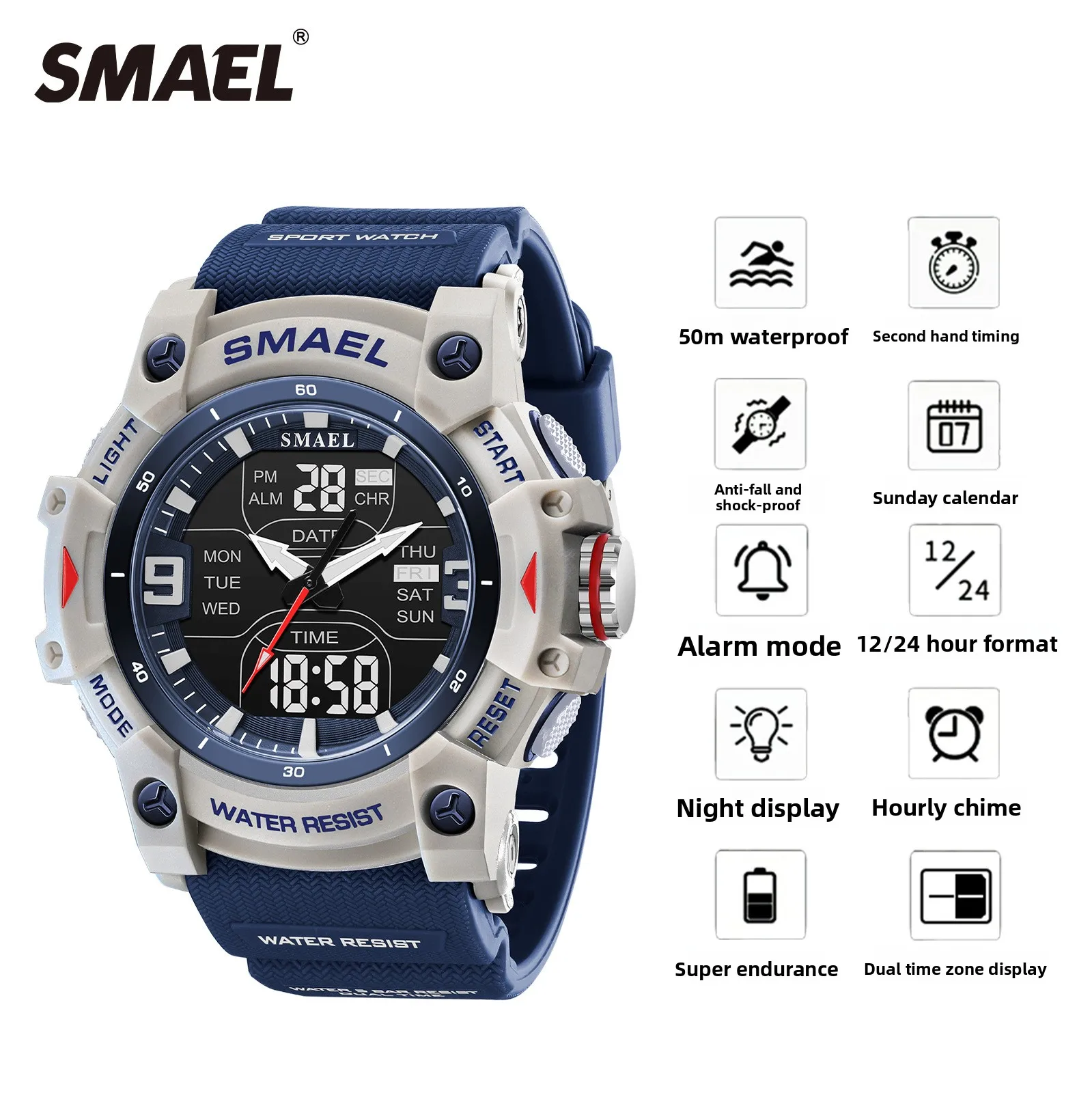 SMAEL Large Dial Quartz Watch 50M Waterproof Multifunctional Wrist Watch with Stopwatch Calendar Week Display