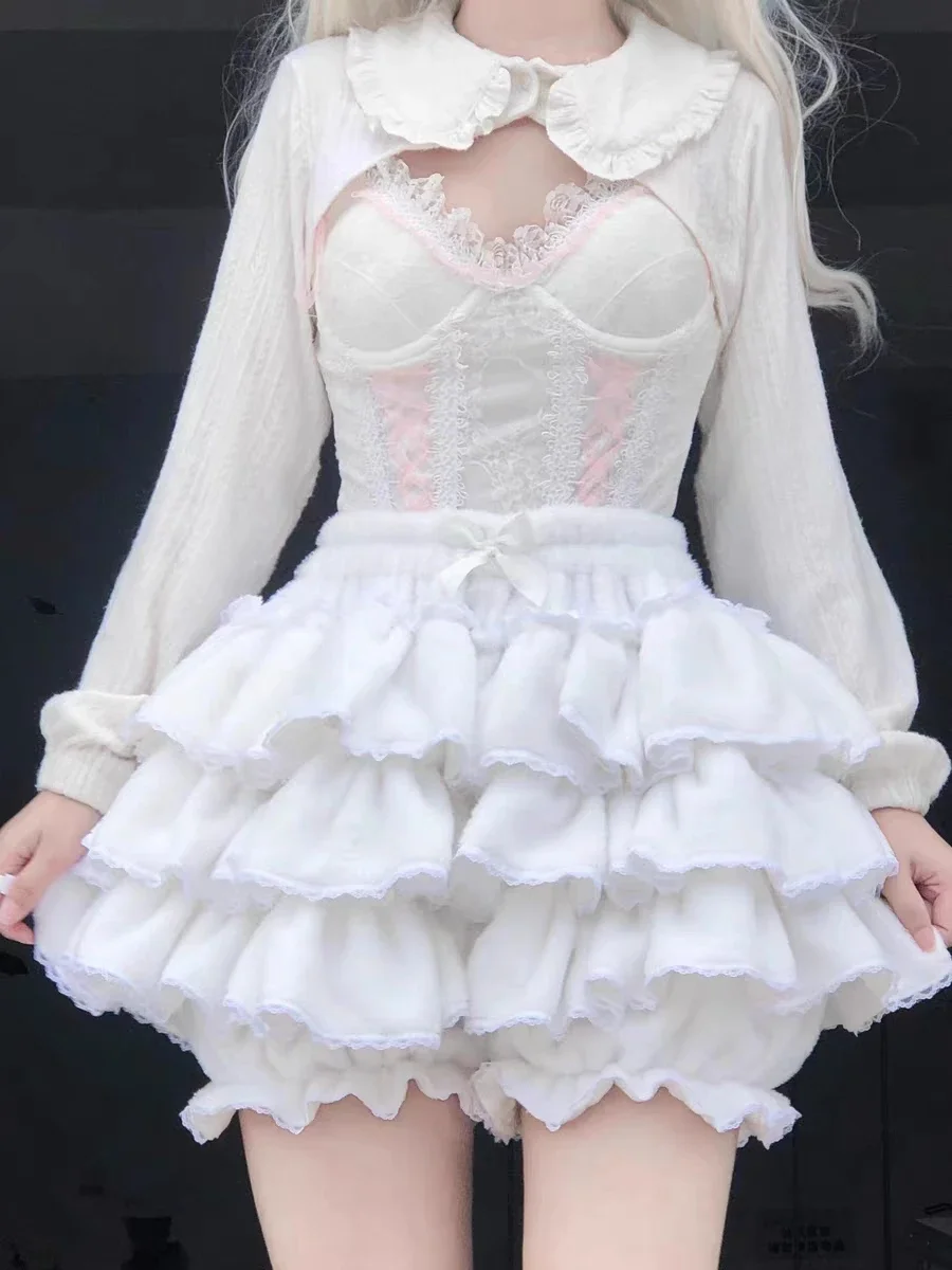 ชุดคอสเพลย์โลลิต้า กางเกงฟักทอง สีชมพูหวาน สีขาว สีดำ สไตล์ยุค 90 ฤดูใบไม้ร่วง ฤดูหนาว กางเกงขาสั้นผ้าพลัฌสไตล์ญี่ปุ่น แต่งระบาย กางเกงขาสั้นทรงโคมไฟ