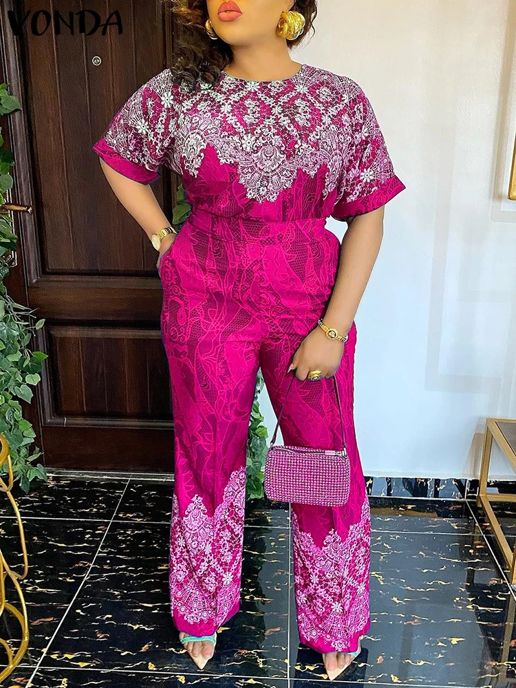 

Женские комплекты VONDA размера плюс 5XL, богемные топы с короткими рукавами и длинные брюки, повседневные костюмы, 2025 г., винтажные комплекты брюк с принтом