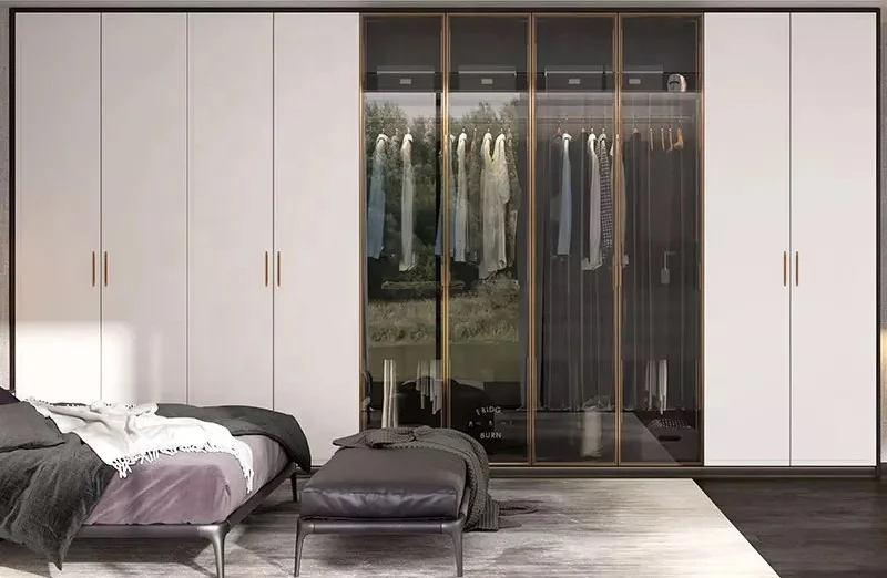 Minimalist Design With Minimal Handling White Paint Wardrobe With Glass Door LED Light