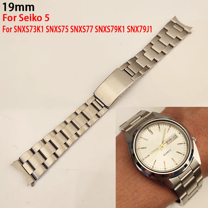 Tali jam tangan untuk Seiko 5 snsnxs75 SNXS77 band Links gelang jam baja tahan karat Tautan sekrup Solid ujung melengkung berongga