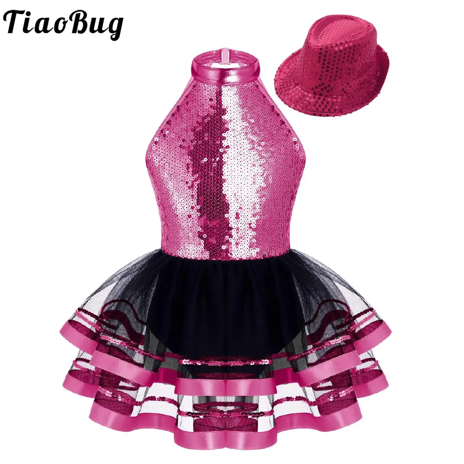 

Kids Girls Ballet Tutu Dress Dance Stage Performance Costume Sequins Halter Backless Dresses with Hat for Ballet Dress Girl