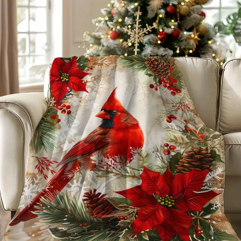 VIKAMA Christmas Throw Blanket Red Cardinal Poinsettia Pine Pinecone Soft Plush Fleece Couch Sofa Blanket Cozy Holiday Decor