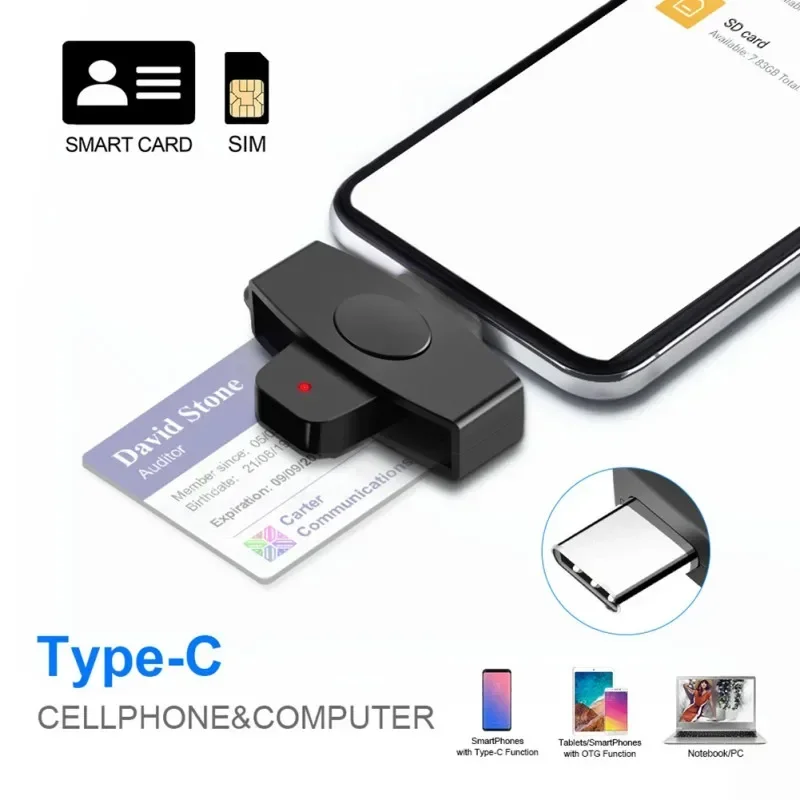 Black Smart CAC USB Type-C Card Reader Bank Tax Declaration SIM Card/IC Card/ID Card Military Card Reader For Windows