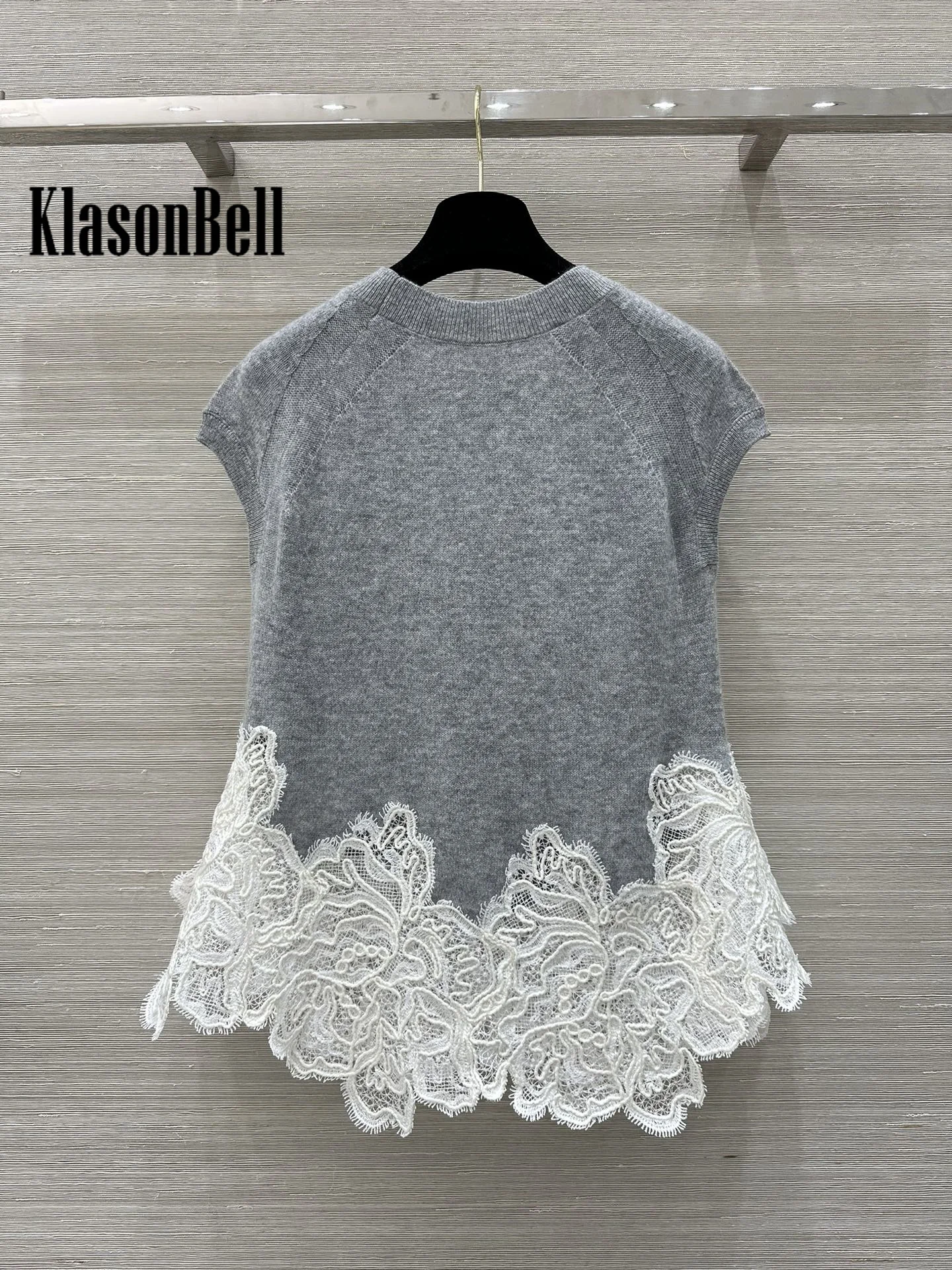 9.29 KlasonBell Women Clothes Contrast Color Hem Lace Spliced Cashmere Knitwear Temperament Sweet Short Sleeve T-Shirt