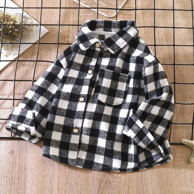 

2-12Y Boys Girls Shirt Long Sleeved 2025 Autumn Winter Plaid T-Shirt Children's Retro Cardigan Lapel Jackets Kids Tops Wholesale
