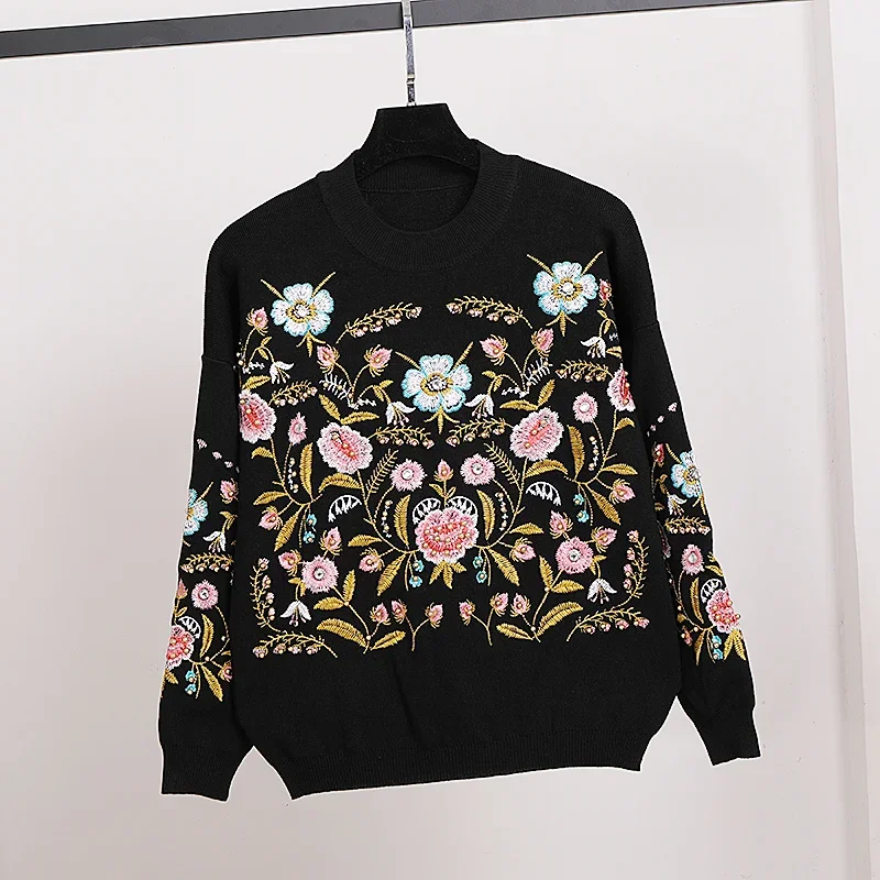 Fashion Embroidery Flowers Knitted Tracksuits Women Outfits Autumn Korean Loose Casual Black Knit Sweater Long Pants Set Female