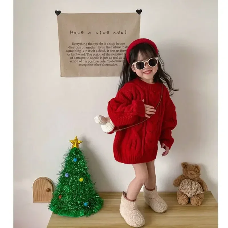 Suéter para niñas Navidad rojo tejido sólido 2024 Otoño Invierno