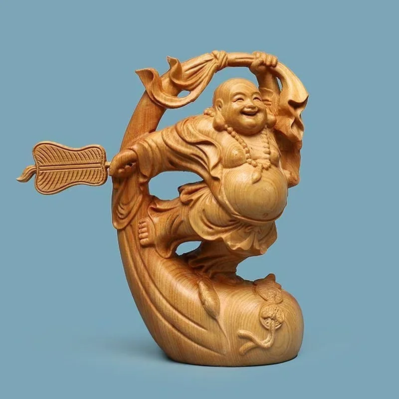 Natural Cypress Joyful Maitreya Buddha Figure Decoration Statue-Distinctive WoodCarving Suitable for Home Room Office Decorative
