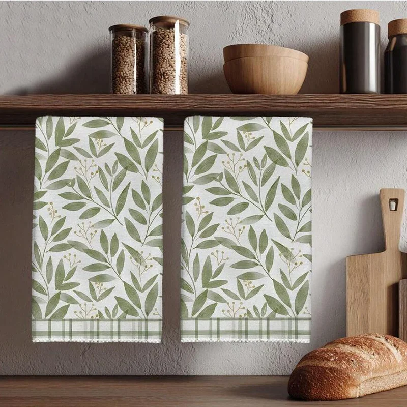 2Pcs, Green Leaf Kitchen Towels with Grid Edges, 40Cm*60Cm Towel Set, Best Kitchen Towels, Super Absorbent Soft Cleaning Cloth, Cooking and Baking Tea Towels, Hand Towels, Cleaning Cloths, Dishcloths, Kitchen Decor, Living Room Decorations, Kitchen Essentials, Home Essentials