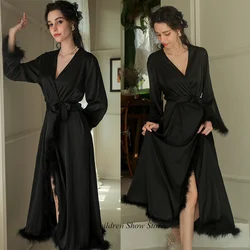 Bride Wedding Party Loungewear Lady Long Bathrobe Gown Feather Patchwork Nightwear Silk Satin Homewear Embroider Robe Sleepwear