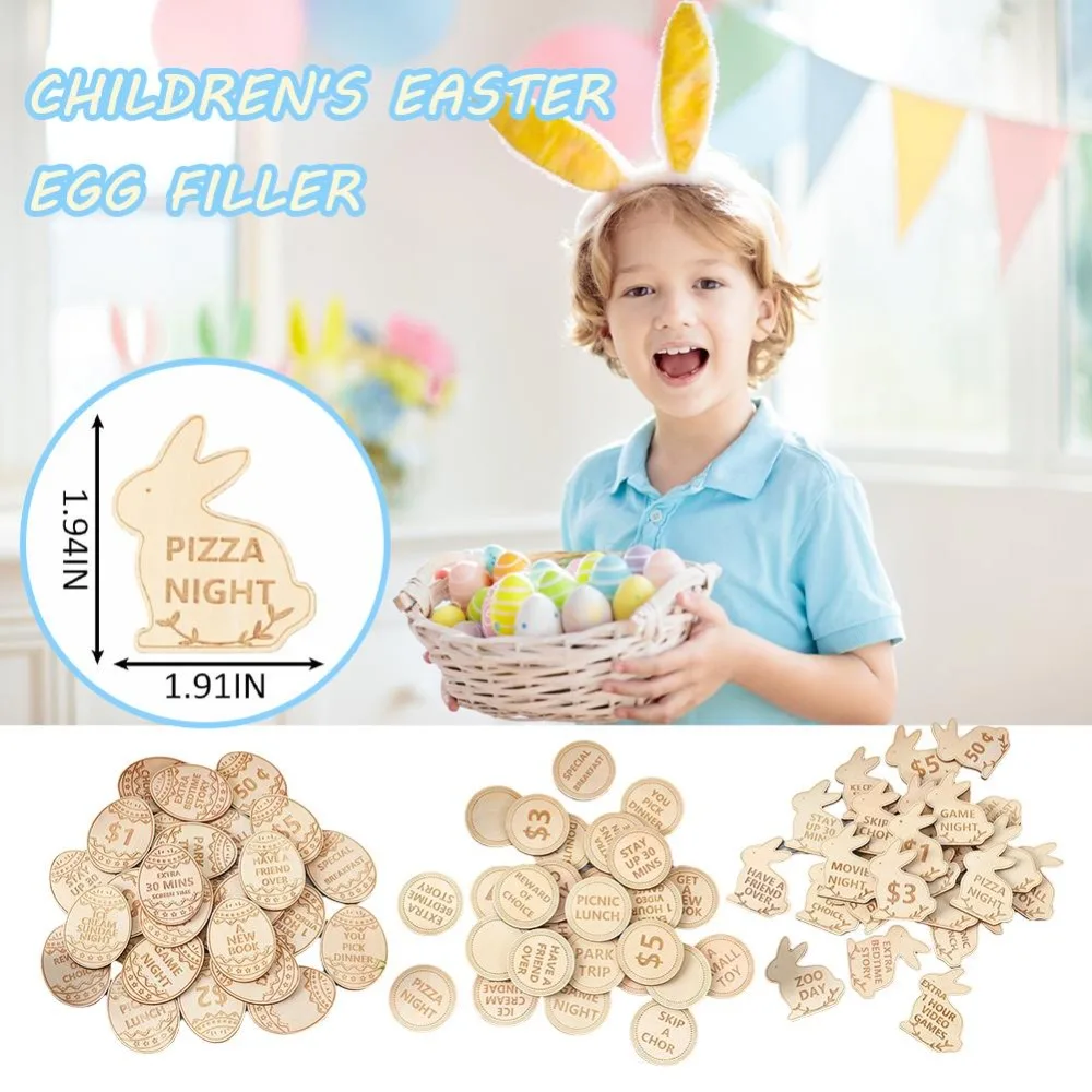 27Pcs Woodiness Kids Easter Egg Fillers New Egg Shape 5 CM Wooden Coins Circular Rabbit Shaped Redeemable Coins Easter