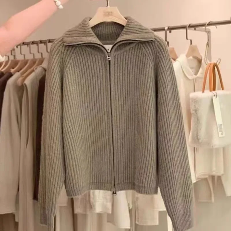 100% 메리노 울 여성용 라펠 지퍼 가디건 가을 겨울 두꺼운 캐주얼 패션 니트 캐시미어 스웨터