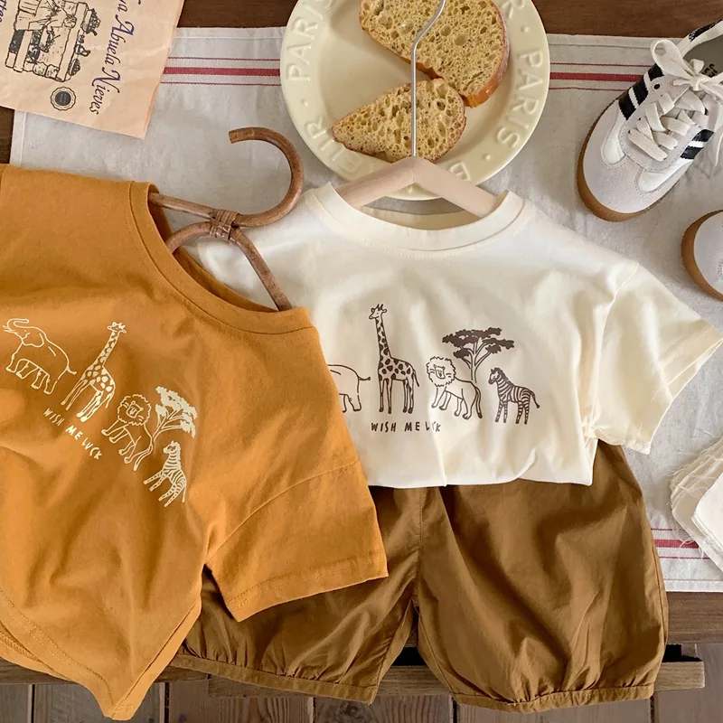 

Boys and Girls Cotton Tee Cute Kids Loose Short Sleeve Tops 2025 New Summer Children's T-shirt Cartoon Animals Printed