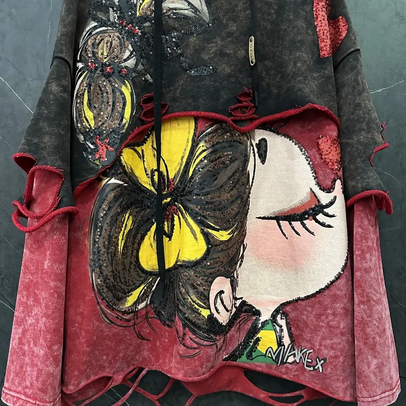 Unique Design Distressed Fake 2-Piece Cartoon Little Girl Hooded Color Block Sweatshirt Loose Casual Top Autumn New Hoodie Women