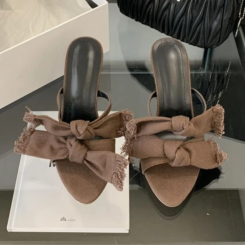 

Denim Butterfly-knot High Heels Slippers Women Summer New Pointed Toe Sexy Thin Heel Slide Fashion Designer Brand Sandals Ladies