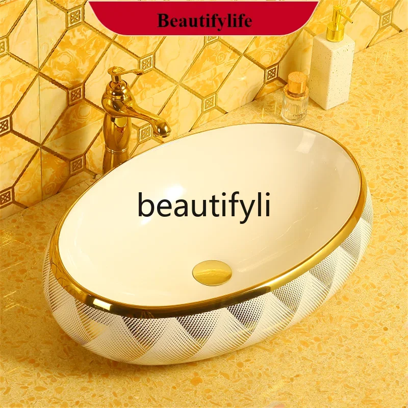YL  New round golden washbasin hotel bar art creative golden washbasin ceramic basin home decoration accessories
