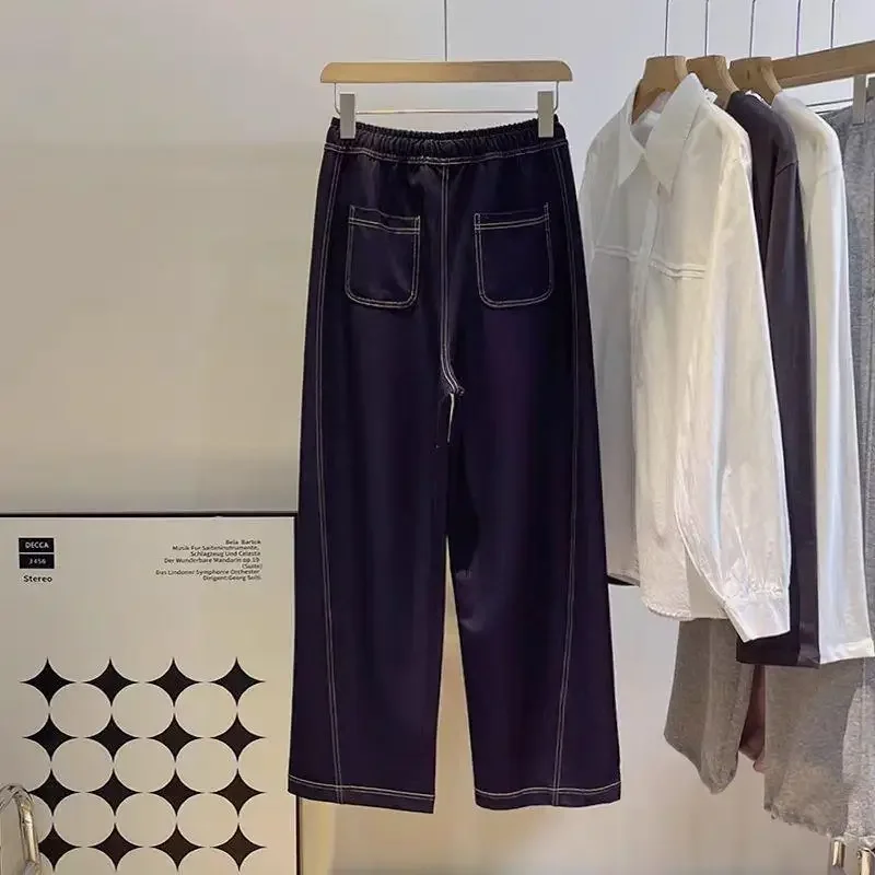 

Women Jeans Wide Leg Pants Drawstring Lace Up High Waist Washed Distressed Pockets Straight Trousers Streetwear Denims