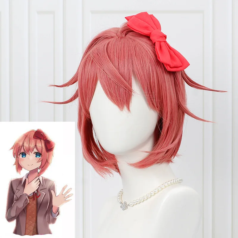 Doki Doki Literature Club Sayori Cosplay Wig Women Pink Short Heat Resistant Synthetic Hair Wigs + Wig Cap+ Bow Hairpin