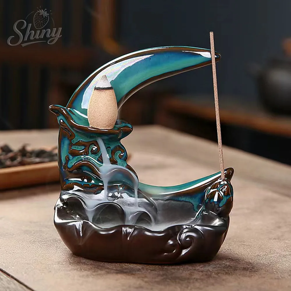 

Ceramic Blue Reversing Incense Burner Moon Sun Running Water Incense Burner Home Indoor Decoration