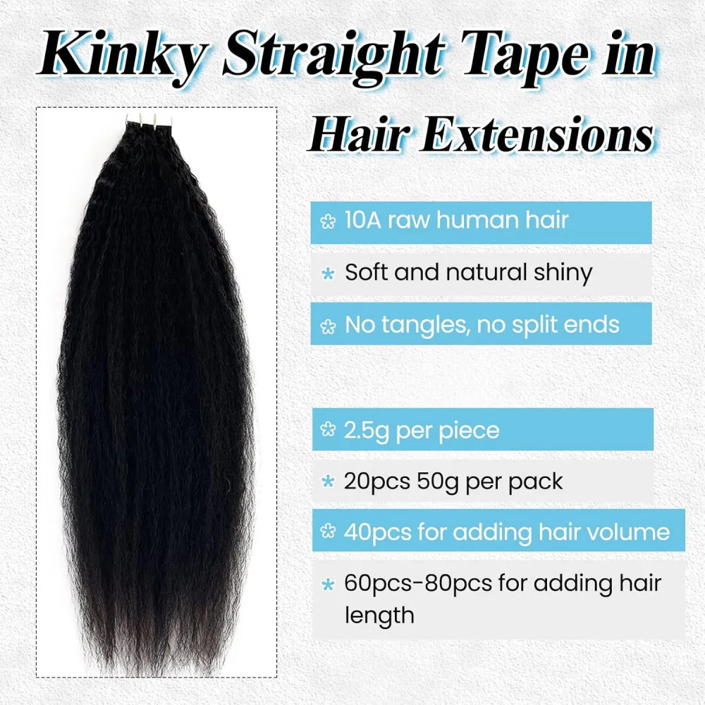 Fita reta Kinky em extensões do cabelo, cabelo humano, trama da pele, Remy brasileiro, cabelo humano de 100%, esparadrapo, preto natural invisível