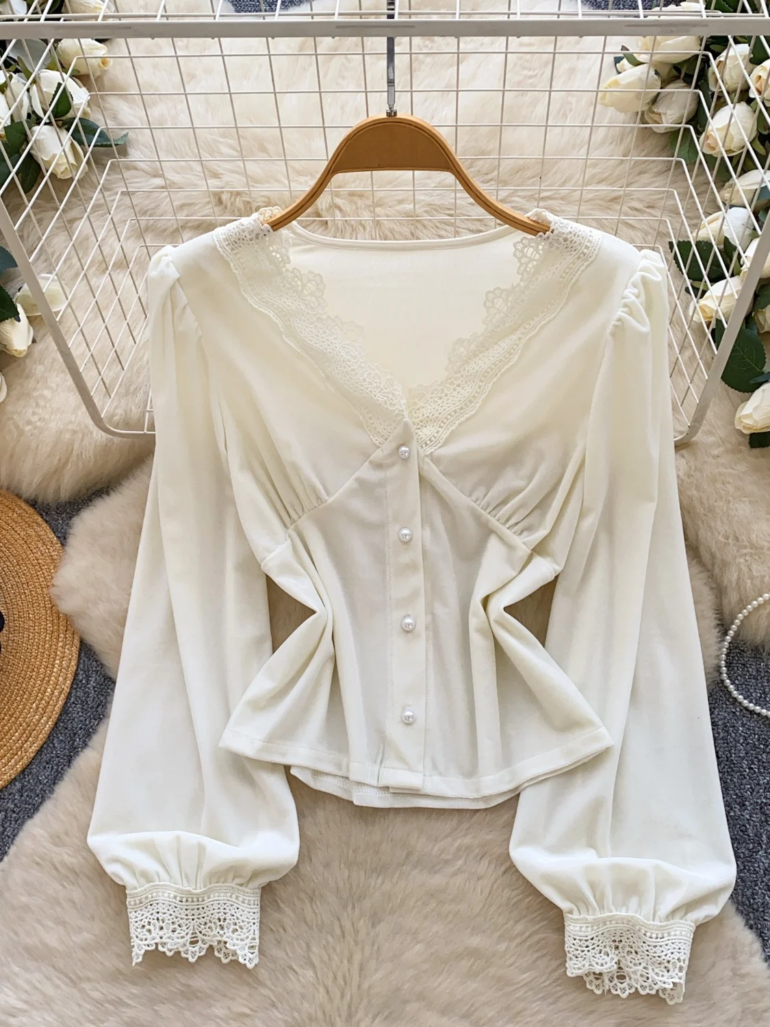 

Lace Splicing Velvet Long Sve V-Ne Lantern Sve irt Women's Casual Loose Commute Sle Top Ele Open Cardigan