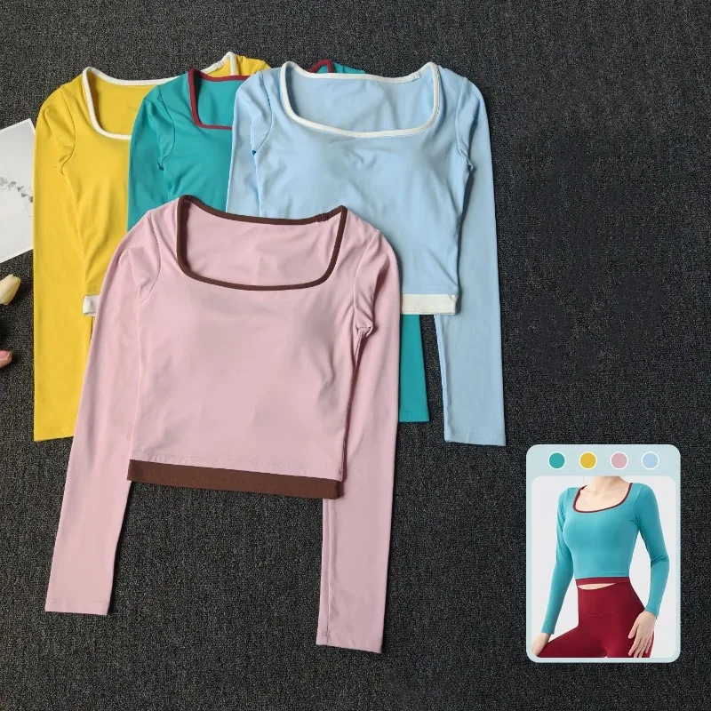 

Autumn New Contrasting Yoga Suit for Women with Chest Pad Top Slim and Slim Pilates Running Sports Fitness Long Sleeves Shirts