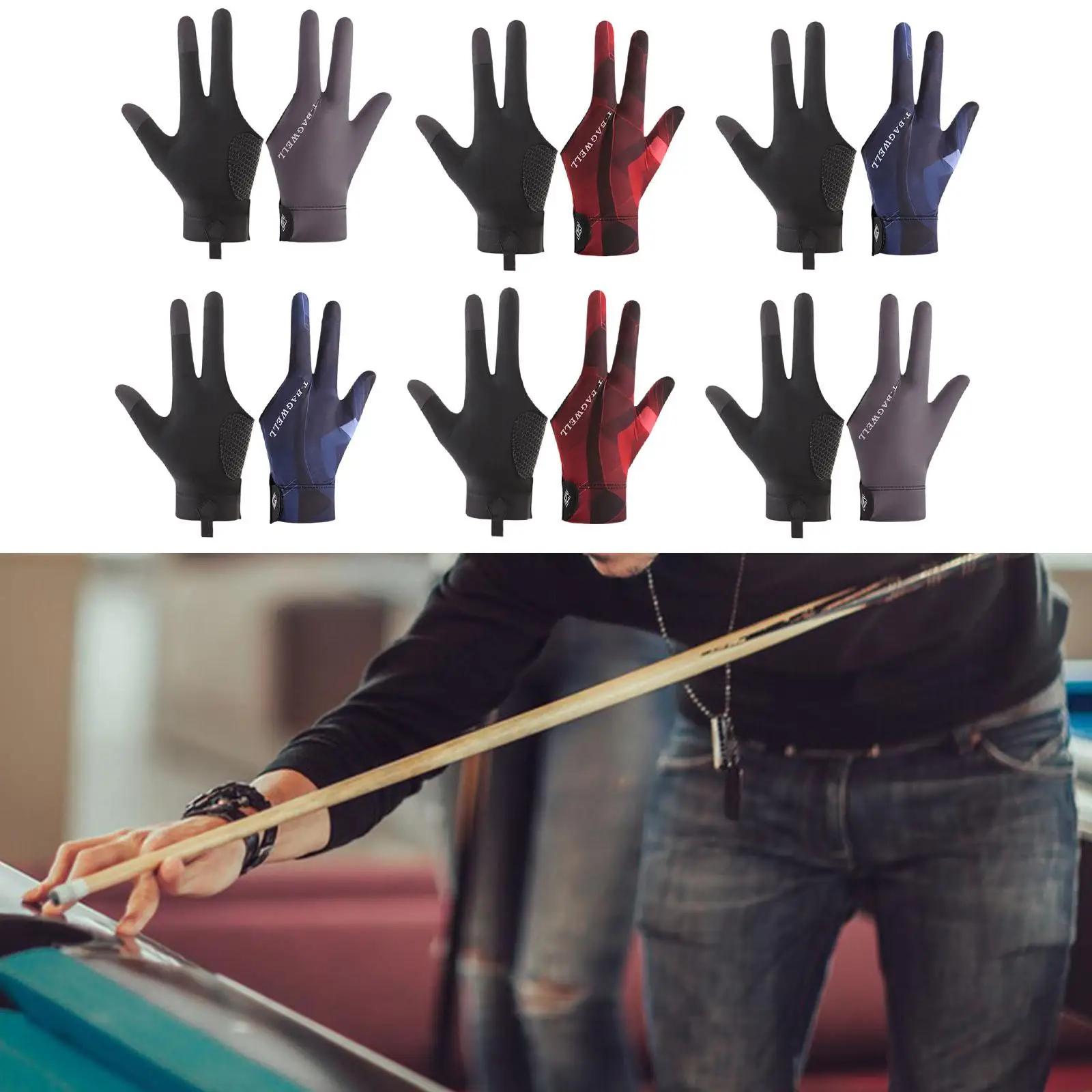 Gants de piscine à 3 doigts pour la pratique du billard, design de doigt individuel pour une utilisation en intérieur