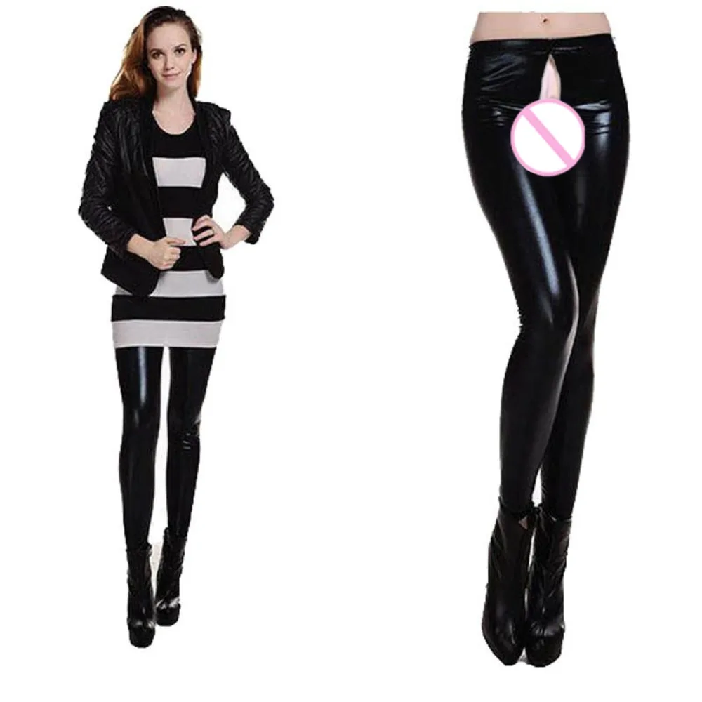 Women's Invisible Open Crotch Pants, Bright Faux Leather Pants, Sexy Yoga PU Leggings, Sports Casual Tights, Dance Club Hotpants