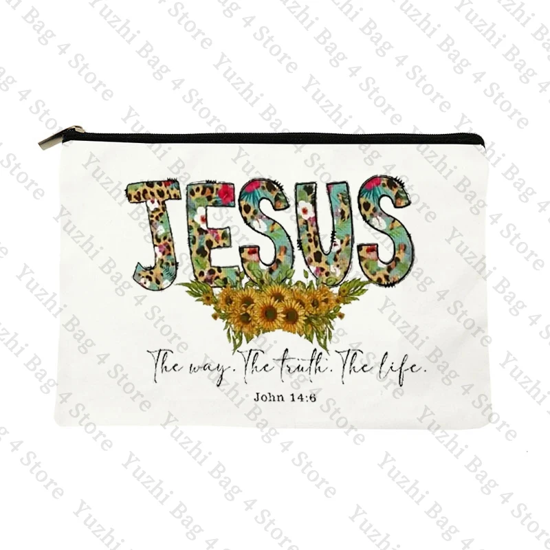 Inspirational Sunflower Leopard Print Jesus Decor Makeup Bag Christian Gifts for Women Faith Cosmetic Case Bible Scripture Decor